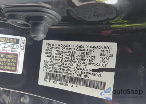 2015 Honda Cr-V Ex-L z USA, uszkodzony, nr VIN 2HKRM4H76FH629102